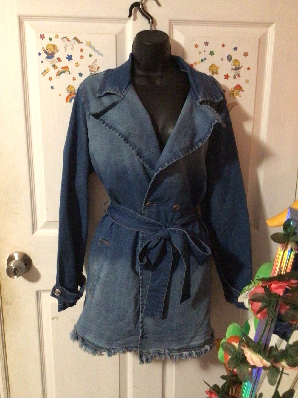 VENUS Blue Denim Trench Coat with Waist Tie